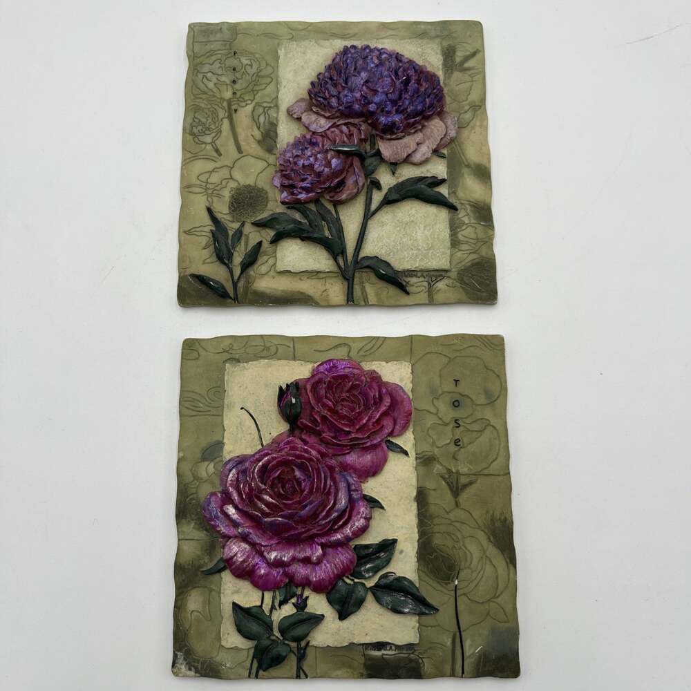 Pair Of Vintage Richard A. Henson 3-D Resin Wall Plaques - Peony & Rose